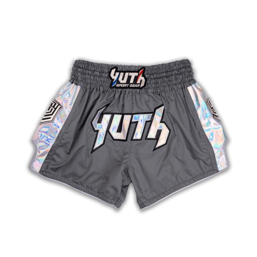 Grey/Silver Yuth-Hologram Muay Thai Short Front