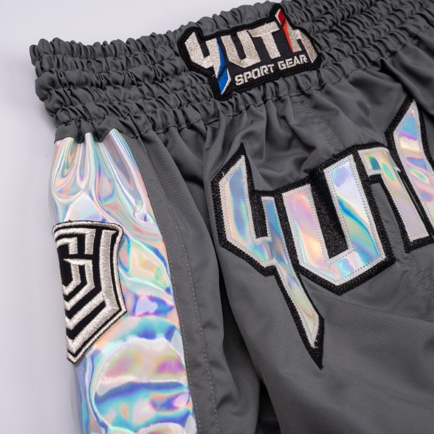 Grey/Silver Yuth-Hologram Muay Thai Short Logo Black/Silver