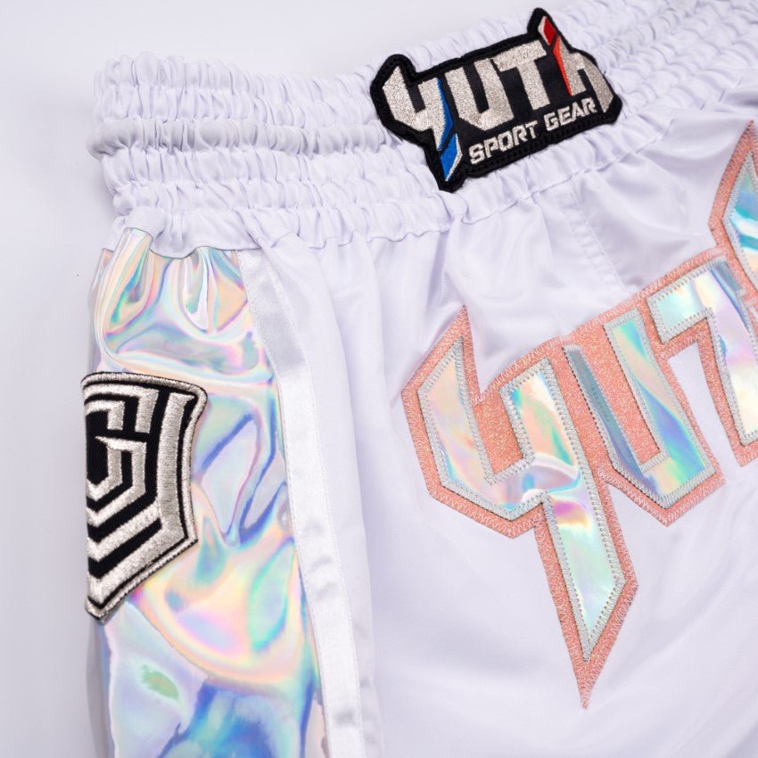 White/Silver/Orange Yuth-Hologram Muay Thai Short Logo Orange/Silver