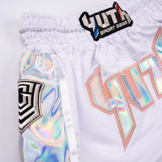 MUAY THAI SHORTS - YUTH HOLOGRAM WHITE / SILVER / ORANGE
