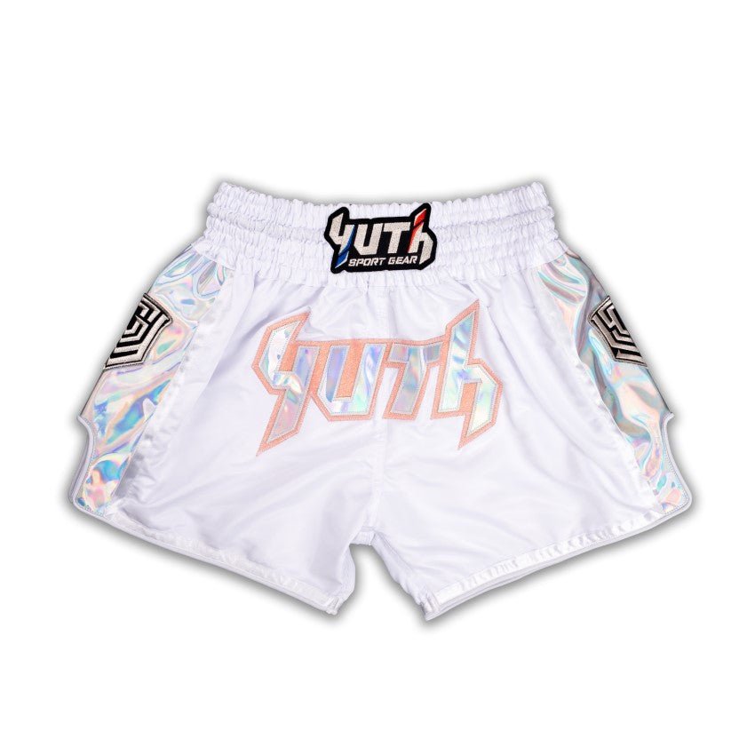 White/Silver/Orange Yuth-Hologram Muay Thai Short Front