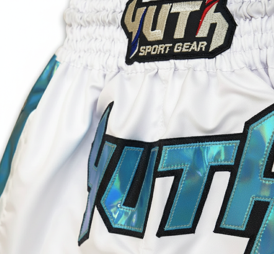 MUAY THAI SHORTS - YUTH HOLOGRAM WHITE & BLUE