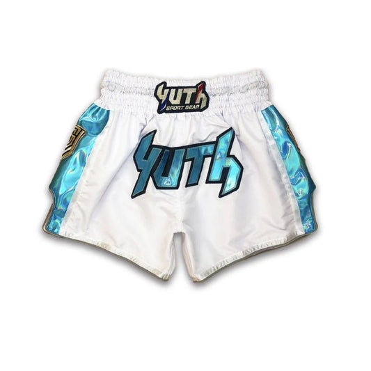 MUAY THAI SHORTS - YUTH HOLOGRAM WHITE & BLUE