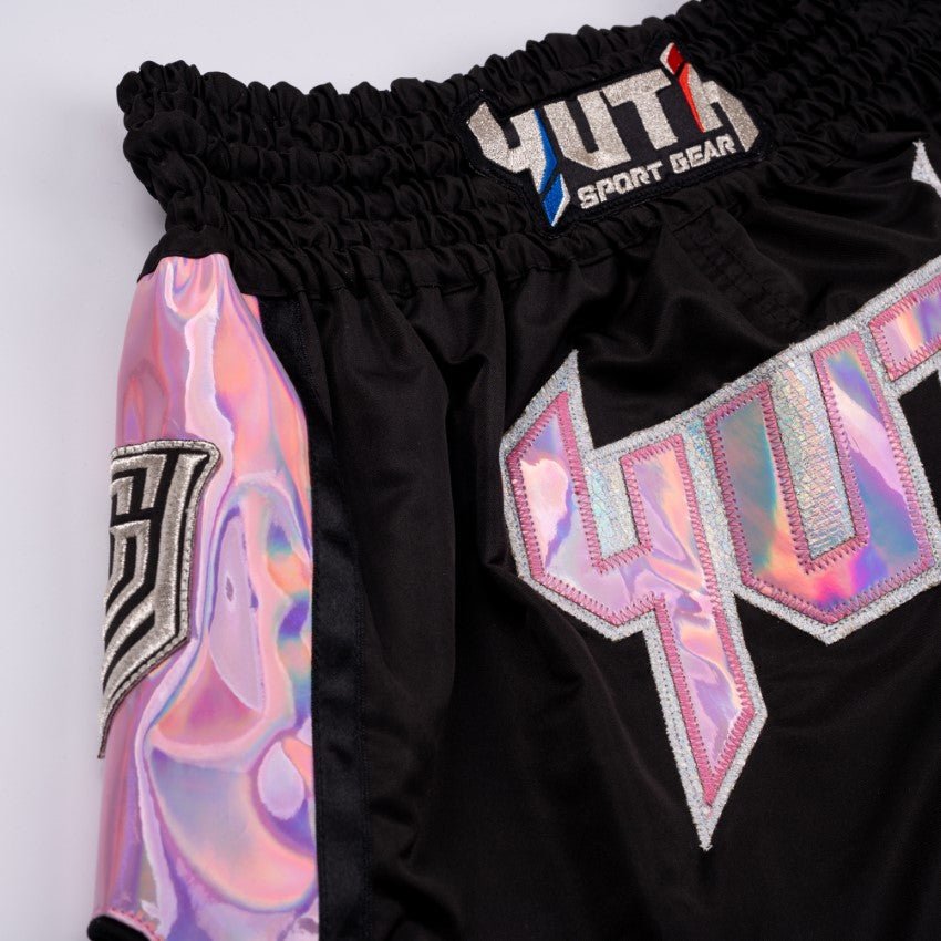 Black/Pink Yuth-Hologram Muay Thai Short Logo Pink