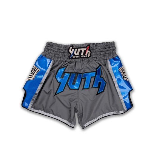 MUAY THAI SHORTS - YUTH HOLOGRAM GREY / BLUE